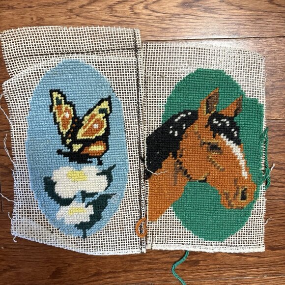 Vintage Needlepoint Horse, Flower & Butterfly Completed Unframed Lot Of 2 8" - Picture 1 of 5